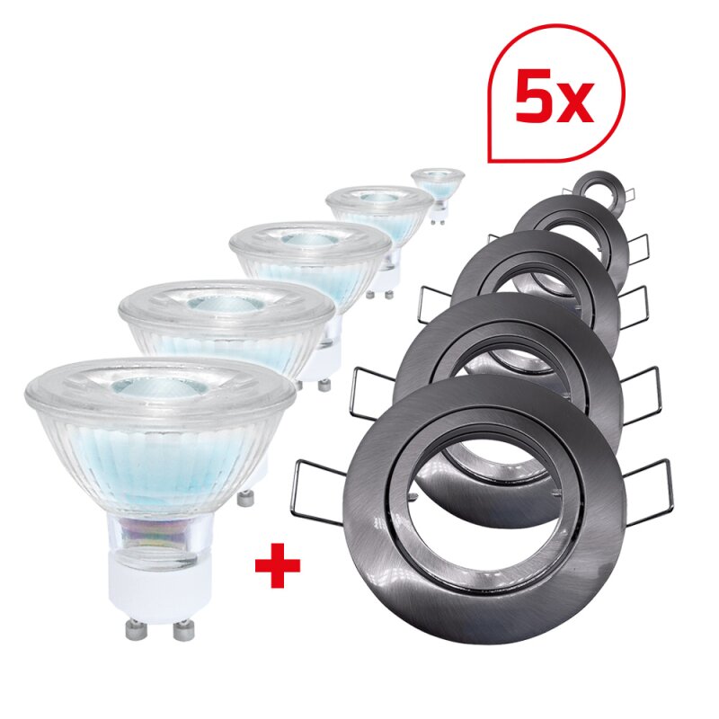 LED encastrable MINIgu10 inox brossé avec ampoule GU10 3000K 6W dimmable set 5 pièces