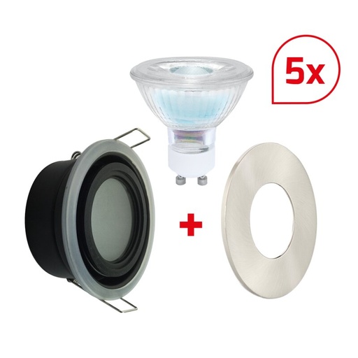 [DX600109] Douille d'encastrement LED MULTIip65 avec GU10 3000K 6W dimmable et cache nickel set 5 pièces